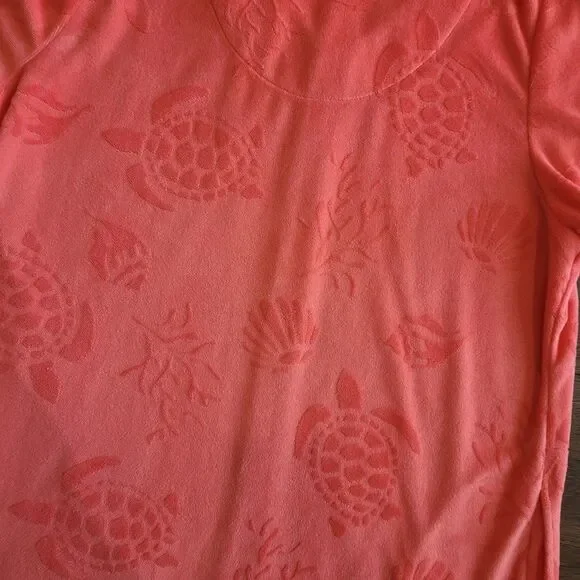 Womens ADONNA Terry cloth Zip Cover Up Robe L Coral Turtle Shells Print Pockets - Picture 8 of 13